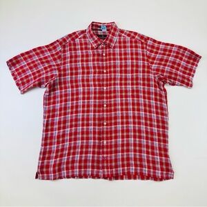 Bugatchi red check linen mens short sleeve button down shirt Large one pocket
